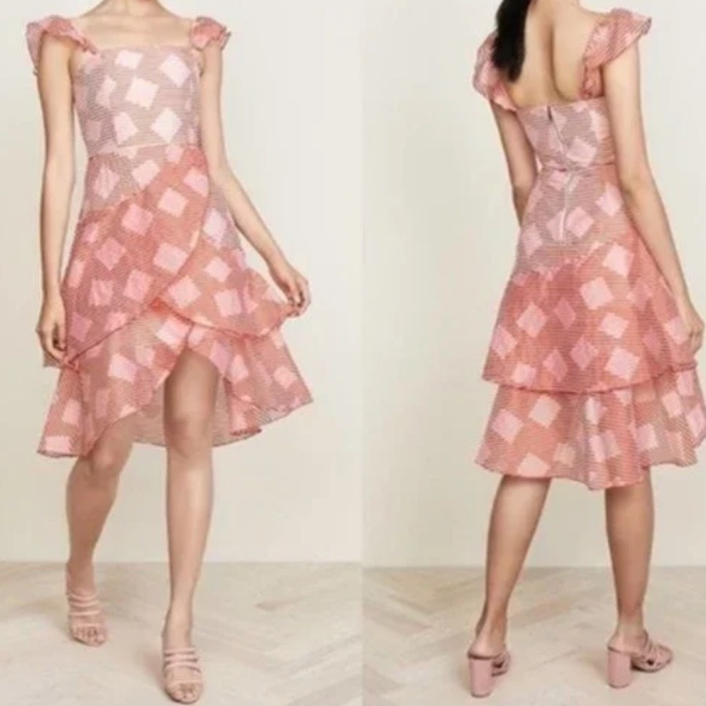 alice + olivia Azura Red and Pink Striped Organza Waterfall Midi Dress 6